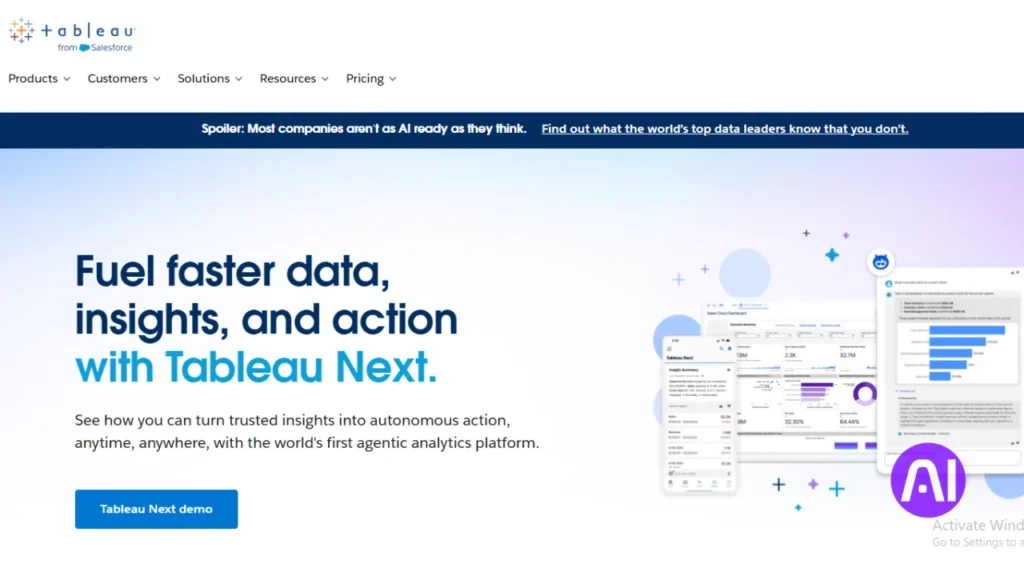 A screenshot of the Tableau website featuring a clean white and light blue design. The headline "Fuel faster data, insights, and action with Tableau Next" is displayed next to previews of mobile and desktop analytics dashboards.