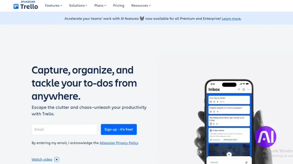 Trello login page showing access to project boards for managing AI Tools for Startup workflows.