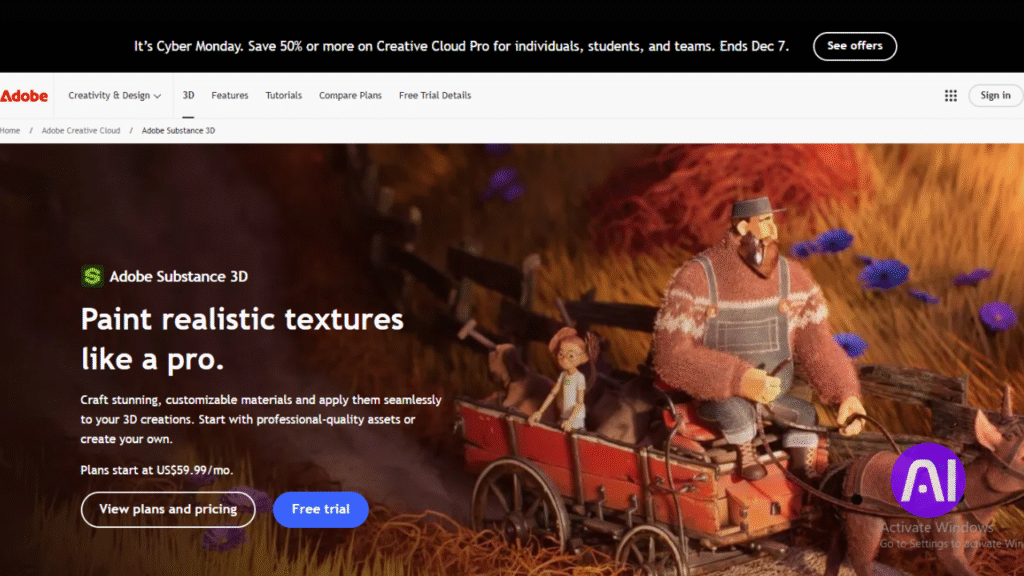 Adobe Substance 3D free trial page showing signup options