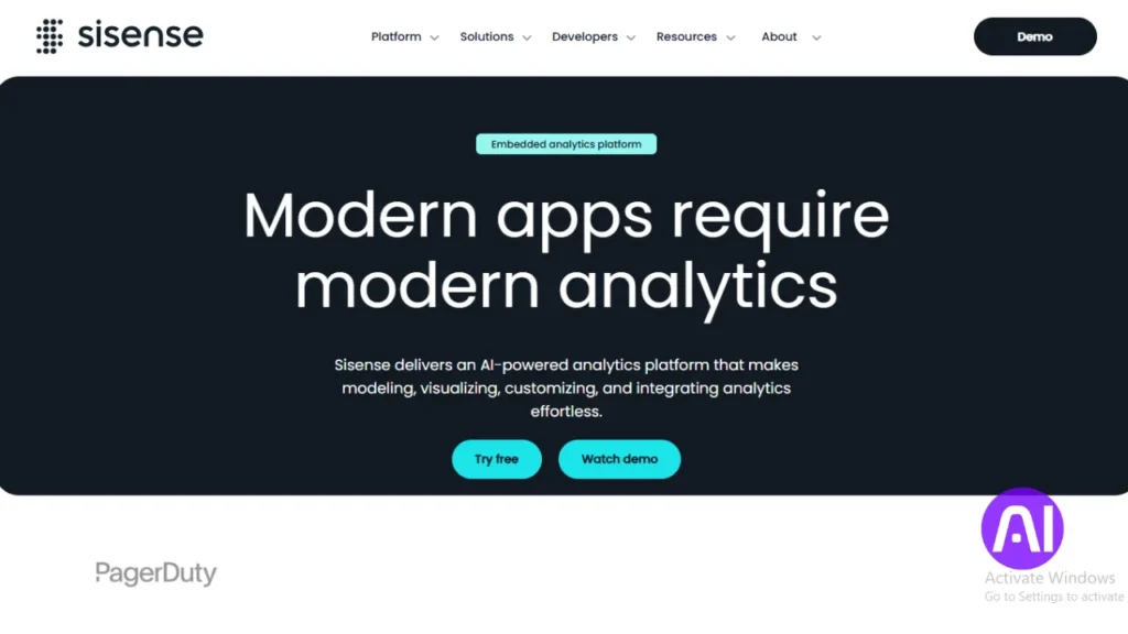 A screenshot of the Sisense homepage with a dark theme. The headline "Modern apps require modern analytics" is centered above a description of an AI-powered platform designed for effortless data modeling and integration.