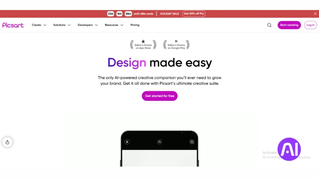 The Picsart "Design made easy" homepage featuring a minimalist white layout. It promotes an AI-powered creative companion for brand growth with a prominent purple "Get started for free" button.