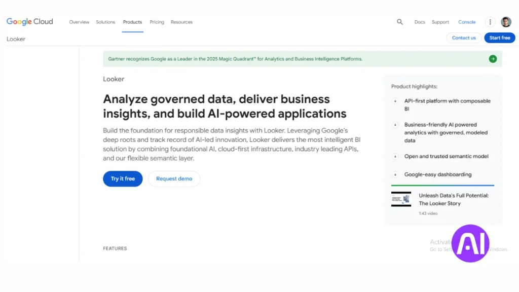 A screenshot of the Google Cloud Looker product page. The text highlights its ability to "Analyze governed data, deliver business insights, and build AI-powered applications," featuring a list of product highlights like "API-first platform" and "Google-easy dashboarding."