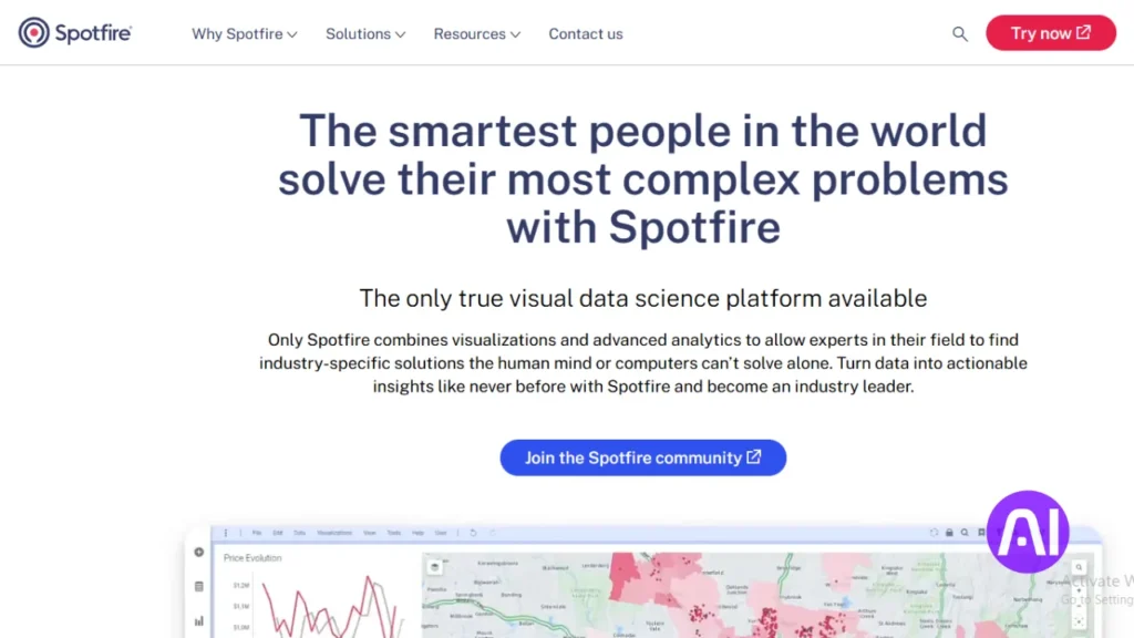 A screenshot of the Spotfire website claiming it as "the only true visual data science platform," featuring a map-based data visualization dashboard.