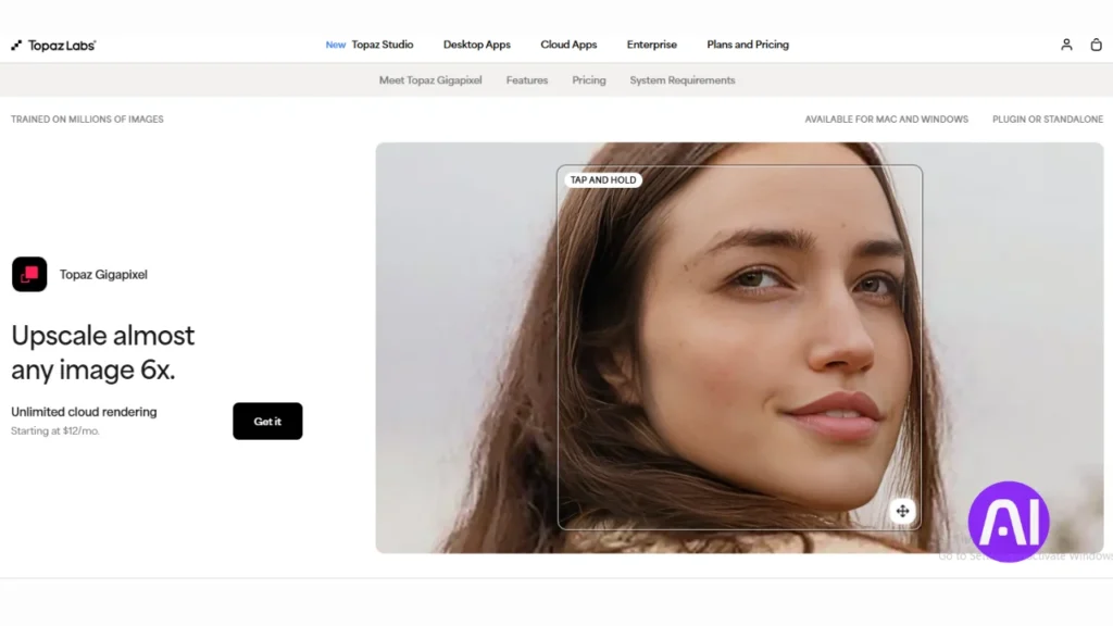 The Topaz Labs website for Gigapixel, advertising the ability to "Upscale almost any image 6x". A high-resolution close-up of a woman's face is shown to demonstrate the detail preserved during the unlimited cloud rendering process.