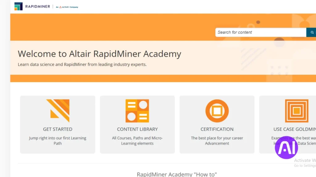 A screenshot of the RapidMiner Academy landing page in orange and white, featuring modules for a "Content Library," "Certification," and "Use Case Goldmine" for data science learning.