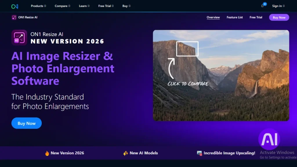 The ON1 Resize AI 2026 landing page with a dark purple theme and the headline "AI Image Resizer & Photo Enlargement Software". An image of a mountain landscape is used to demonstrate comparison features for photo enlargements.