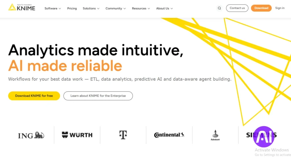A clean, white website screenshot for KNIME with the headline "Analytics made intuitive, AI made reliable," showing logos of partner companies like Siemens and Continental.