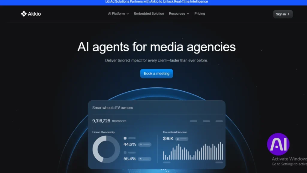 A dark-themed screenshot of the Akkio homepage focusing on "AI agents for media agencies" to deliver tailored impact for clients, featuring a "Smartwheels EV owners" data widget.