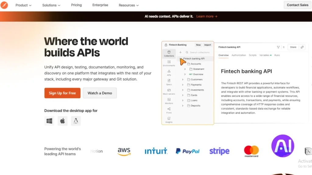 Postman API platform interface displaying API design, testing, documentation, and a fintech banking API workflow.