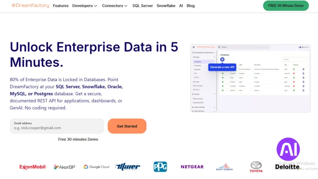 DreamFactory platform dashboard showing AI-powered API generation from SQL Server, Snowflake, Oracle, MySQL, and Postgres databases.