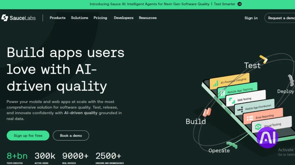 The Sauce Labs website homepage showing the headline "Build apps users love with AI-driven quality" alongside a graphic of a mobile phone illustrating various testing layers like Web Testing and Error Reporting.