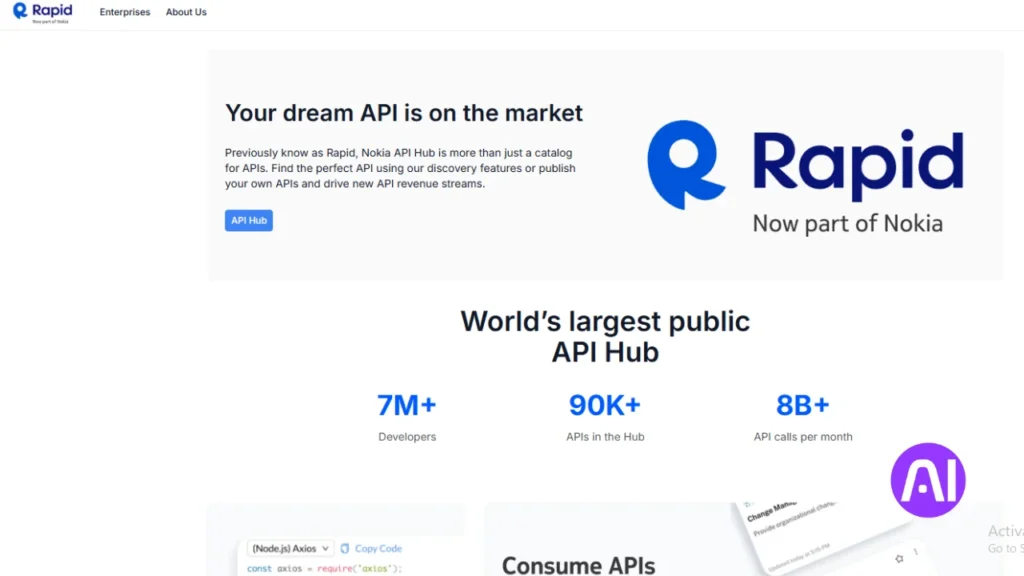 The Rapid homepage, now part of Nokia, showcasing the "World's largest public API Hub" with statistics showing over 7 million developers and 90,000 APIs available in the hub.