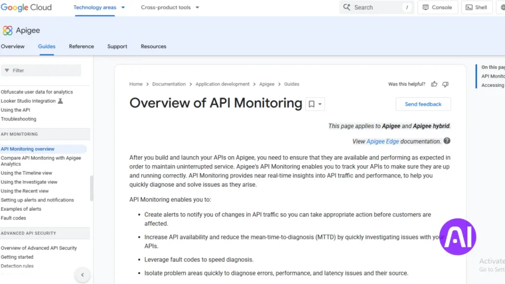 A documentation page for Apigee on Google Cloud titled "Overview of API Monitoring," detailing how the platform helps track API performance, create alerts, and reduce mean-time-to-diagnosis.