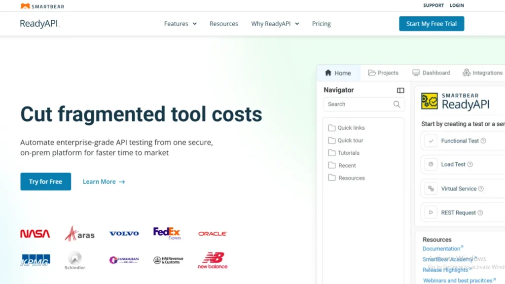 A screenshot of the ReadyAPI landing page by SmartBear, featuring the headline "Cut fragmented tool costs" and an interface showing options for Functional Testing, Load Testing, and Virtual Services.