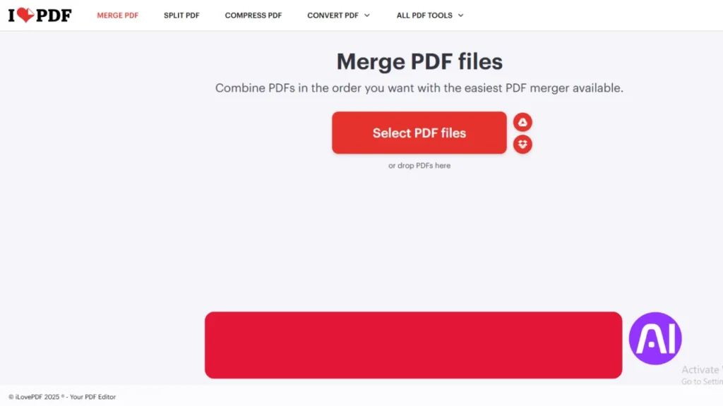 The iLovePDF website interface for the "Merge PDF files" tool, featuring a prominent red "Select PDF files" button and options to upload files from Google Drive or Dropbox.