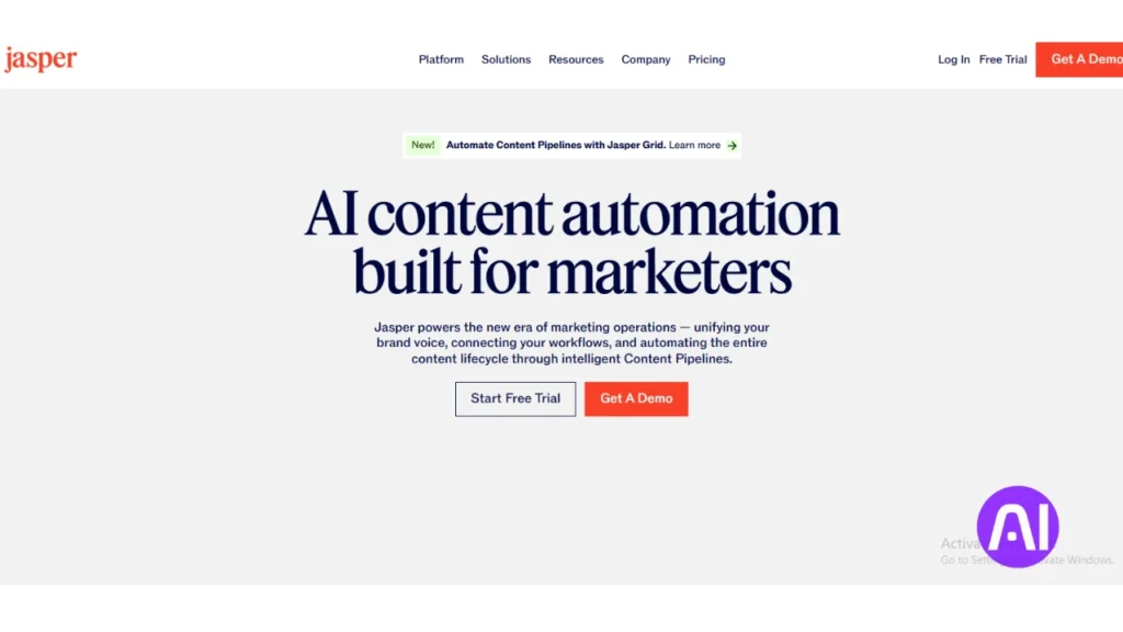 Jasper login page with start free trial button shown as part of the guide on AI Tools for Startup.