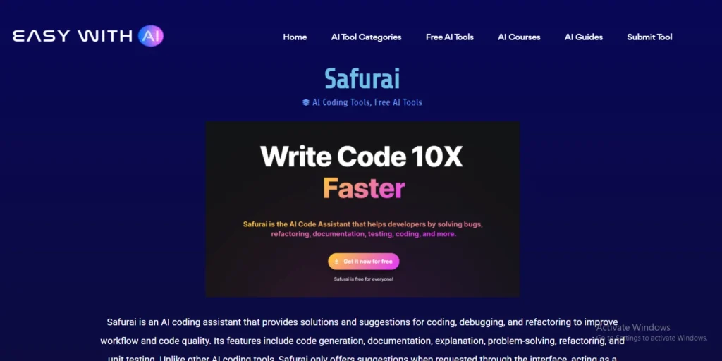 Safurai AI code assistant interface highlighting 10X faster coding, debugging, and refactoring.