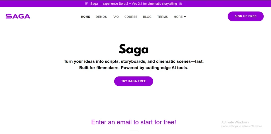 Here is the descriptive alt text for each image, designed to be both accessible and optimized for your article:Saga: A screenshot of the Saga website homepage featuring the headline "Saga: Turn your ideas into scripts, storyboards, and cinematic scenes—fast." It shows a minimalist white interface with a purple "Try Saga Free" button and a logo in the top left corner.