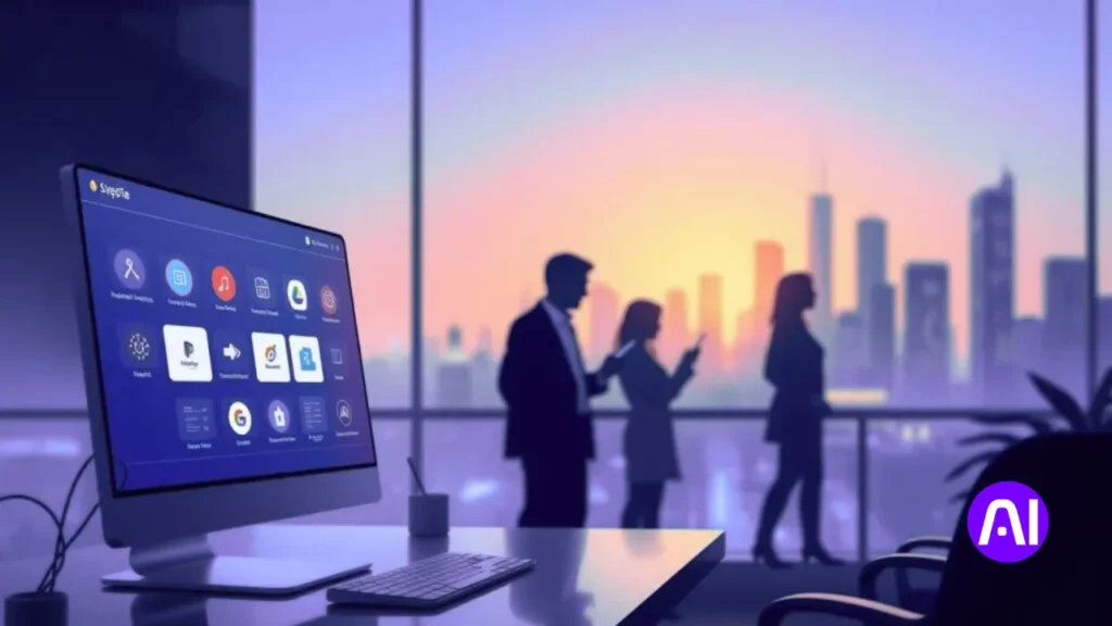 A modern office at sunset with a desktop screen showing various AI apps while people talk in the background.