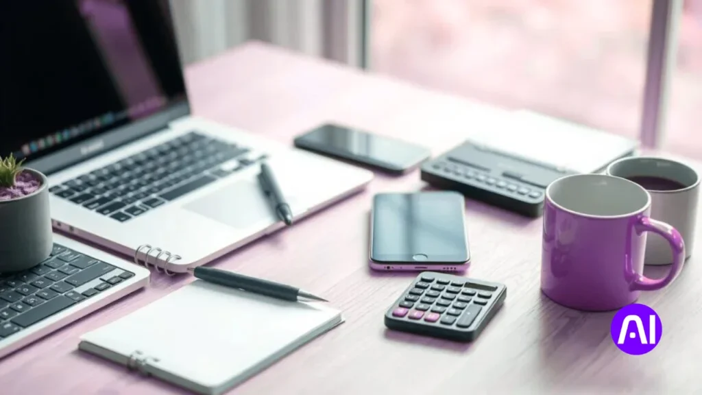 cups, mobile, calculator, laptop and pens on the table