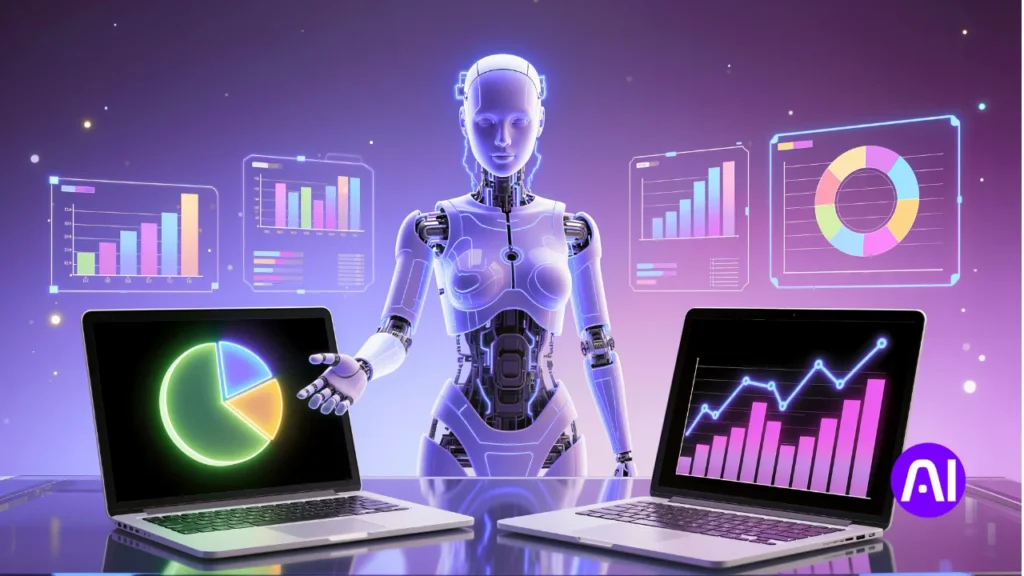 Robot analyzing data charts between two laptops displaying colorful graphs to represent AI-powered automation and workflows.