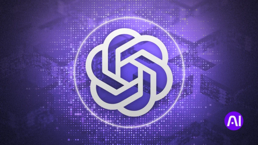 The official white interlaced hexagonal logo of ChatGPT centered on a textured purple and dark blue digital background.