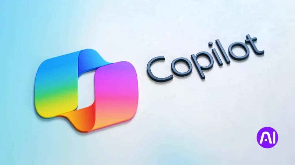 A clean, professional 3D rendering of the colorful, ribbon-like Copilot logo next to the word "Copilot" in dark grey text against a light grey background.