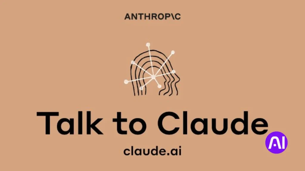 A minimalist tan-colored banner featuring the Anthropic logo and a stylized line-art drawing of a human head with a network of nodes. The text says "Talk to Claude" and "claude.ai".