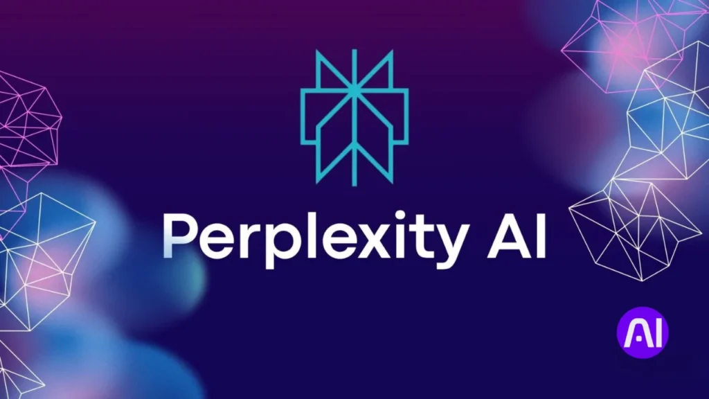 A dark blue background featuring a geometric teal icon and the text "Perplexity AI" in bold white letters, surrounded by light-pink glowing wireframe shapes.