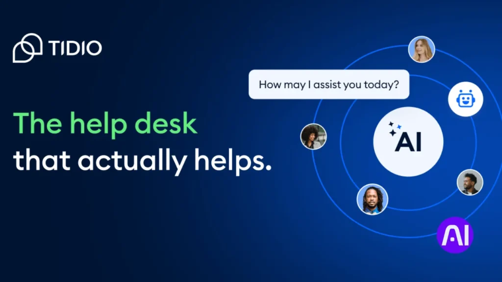 A professional blue banner showing the Tidio logo and the slogan "The help desk that actually helps." It features a central "AI" icon surrounded by circular orbits containing photos of diverse support team members.