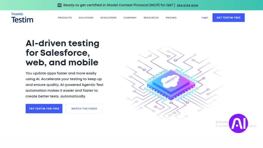 A website for Tricentis Testim highlighting AI-driven testing for Salesforce, web, and mobile. The page features a central graphic of a Salesforce microchip on a motherboard to symbolize its specialized AI-powered agentic test automation.