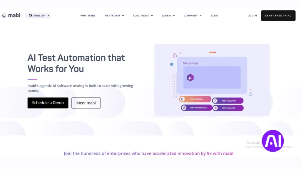 The mabl homepage showcasing its agentic AI software testing platform. The page features a clean interface with a "Test prompt" graphic illustrating four key automated stages: test creation, execution, maintenance, and analysis.