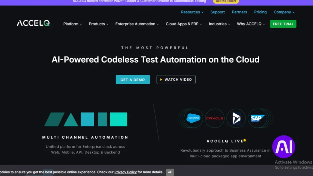 A screenshot of the ACCELQ website titled "The Most Powerful AI-Powered Codeless Test Automation on the Cloud". It highlights multi-channel automation for web, mobile, API, desktop, and backend, with logos for Salesforce, Oracle, and SAP.