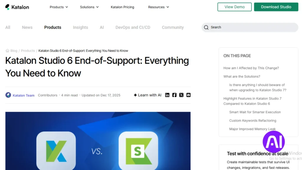 A blog post on the Katalon website titled "Katalon Studio 6 End-of-Support: Everything You Need to Know". The sidebar outlines new features for Katalon Studio 7, including smart wait for smarter execution and custom keywords refactoring.