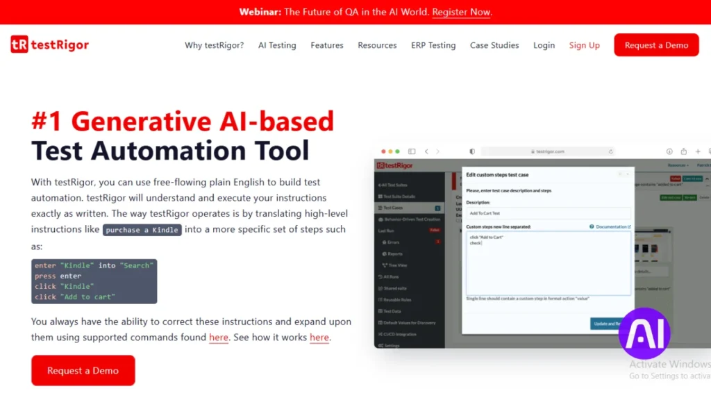 The testRigor homepage describing itself as the "#1 Generative AI-based Test Automation Tool". It demonstrates how users can use plain English to build test cases, such as "purchase a Kindle," which the AI translates into specific actionable steps.