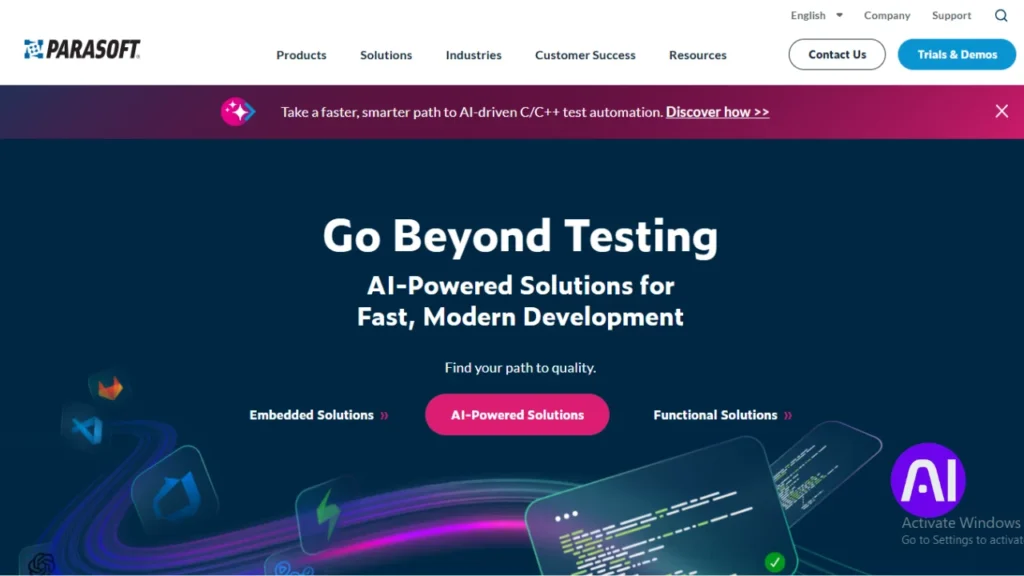 Parasoft company homepage featuring the headline "Go Beyond Testing" with AI-powered solutions for C and C++ test automation. The design shows a colorful, winding digital path connecting different development tools.