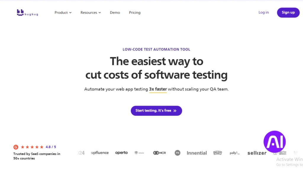 Website homepage for BugBug, a low-code test automation tool designed to cut costs. The page highlights a simple user interface and states it helps automate web app testing 3x faster without scaling the QA team.