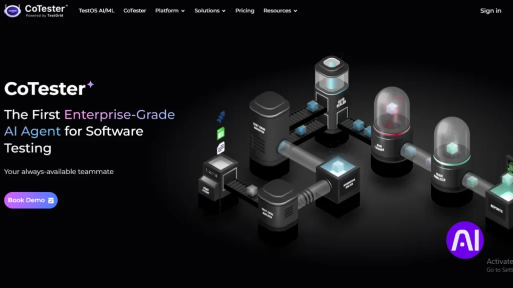 Website homepage for CoTester, described as the first enterprise-grade AI agent for software testing. The background shows a futuristic 3D factory line representing automated test case building, execution, and bug logging.