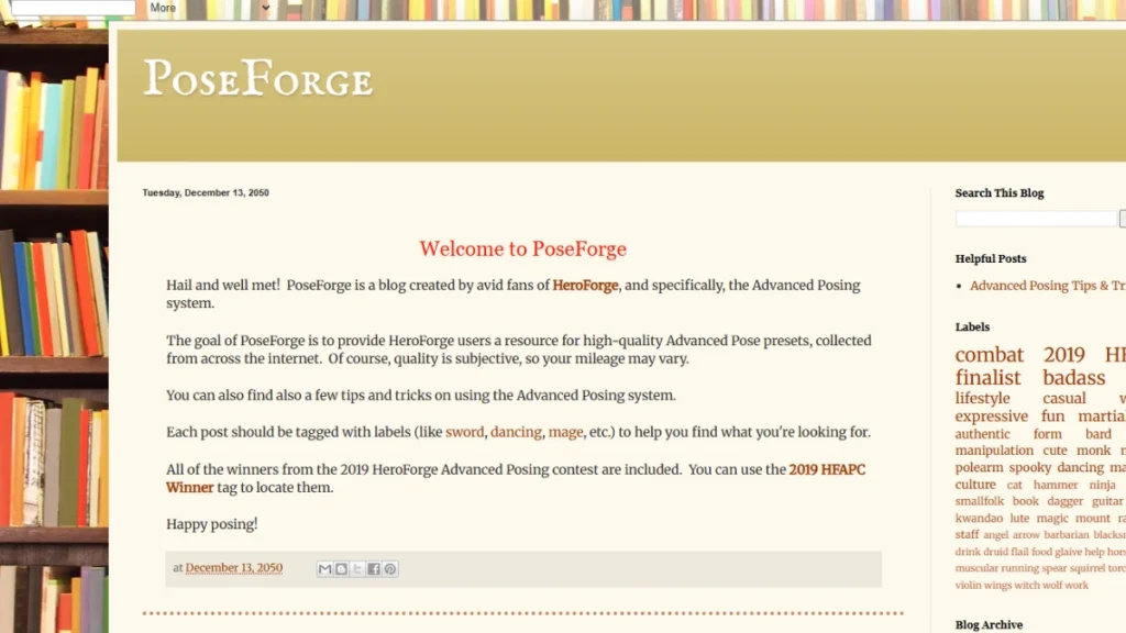 A blog interface titled "PoseForge" with a tan and cream color palette set against a background of bookshelves. The post welcomes users to a resource for HeroForge advanced pose presets.