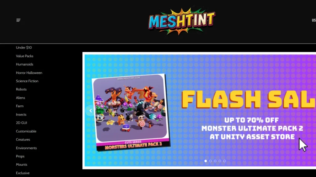 A dark-mode website for "MeshTint" displaying a colorful "Flash Sale" banner for 3D monster assets. A sidebar on the left lists various asset categories like "Humanoids," "Robots," and "Creatures.