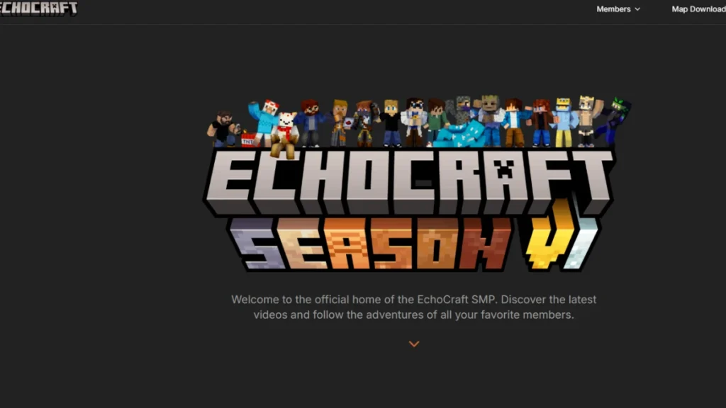A dark-themed website landing page for "EchoCraft Season 6" featuring a lineup of various Minecraft character avatars. The text welcomes visitors to the official home of the EchoCraft SMP.