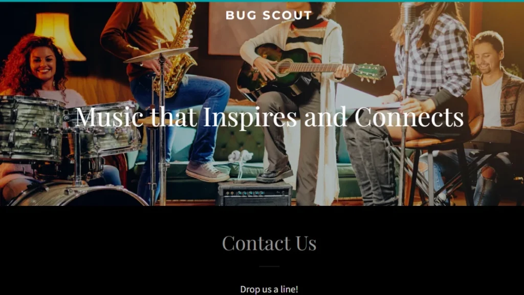 A website hero section for "Bug Scout" featuring a live band with a drummer, saxophonist, and guitarist. The overlay text reads "Music that Inspires and Connects" above a "Contact Us" section.