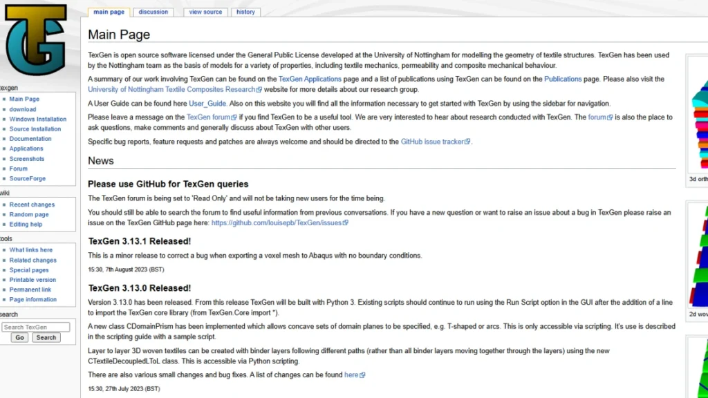 A screenshot of the TexGen software wiki main page featuring a blue and yellow "TG" logo. The page contains technical text about open-source textile modeling and recent software release notes.