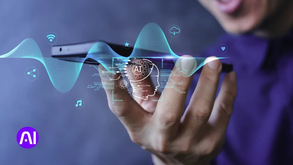 A person holding a smartphone showing an AI-generated voice waveform and interface icons, illustrating the Honey Lemon AI Voice Model integration in mobile apps and virtual assistants.