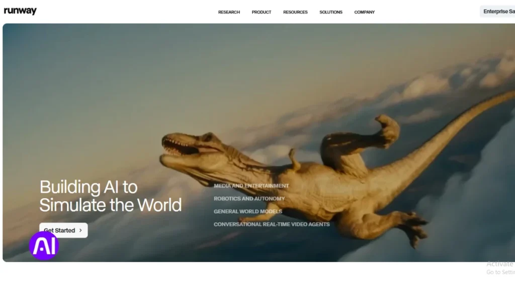 A sleek, futuristic video player interface, its elegant lines and minimalist design reflecting the cutting-edge capabilities of Runway, an AI-powered animation tool. The central display dominates the composition, its sharp, vibrant visuals suggesting the depth and richness of the visual experiences Runway can create. Subtle ambient lighting casts a warm, inviting glow, while the surrounding space is clean and uncluttered, allowing the video player to take center stage. The overall mood is one of sophistication, innovation, and the boundless creative potential unlocked by AI-driven animation software. A screenshot of the Runway homepage with the headline "Building AI to Simulate the World." The background features a hyper-realistic animation of a T-Rex dinosaur flying through a sunset sky filled with clouds.