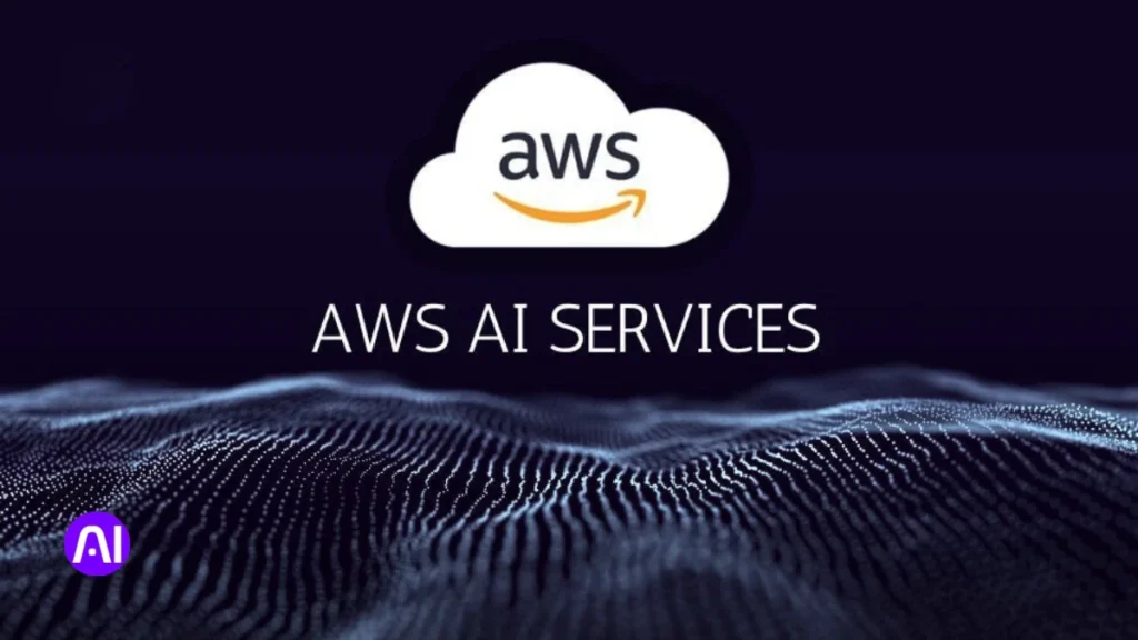 AWS AI Services logo displayed over a blue digital landscape of undulating data waves to represent cloud-based intelligence.