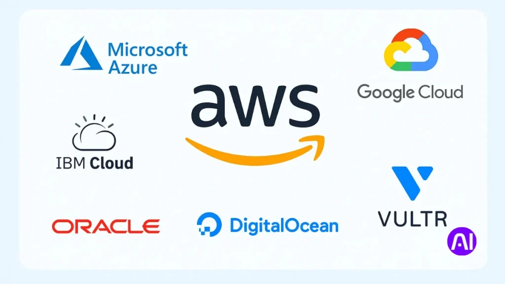 A comparison of cloud providers featuring the central AWS logo surrounded by Microsoft Azure, Google Cloud, IBM Cloud, Oracle, DigitalOcean, and Vultr.