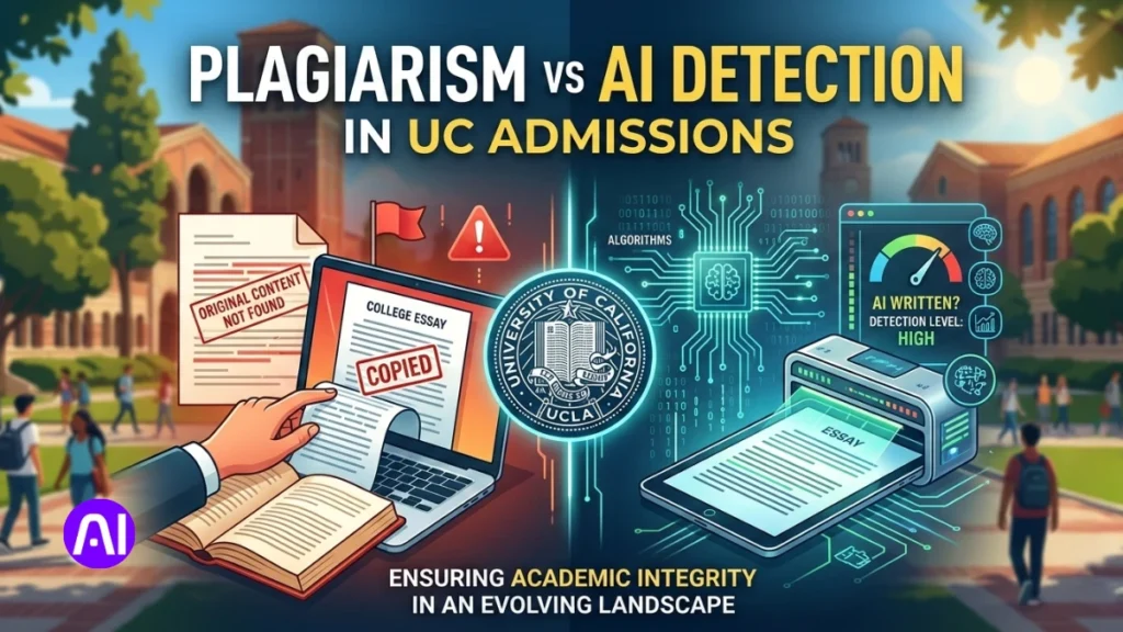 A conceptual graphic titled "Plagiarism vs AI Detection in UC Admissions" featuring a split screen comparing a manual "copied" essay on a laptop to a digital "AI-written" detection scanner with the UCLA seal.