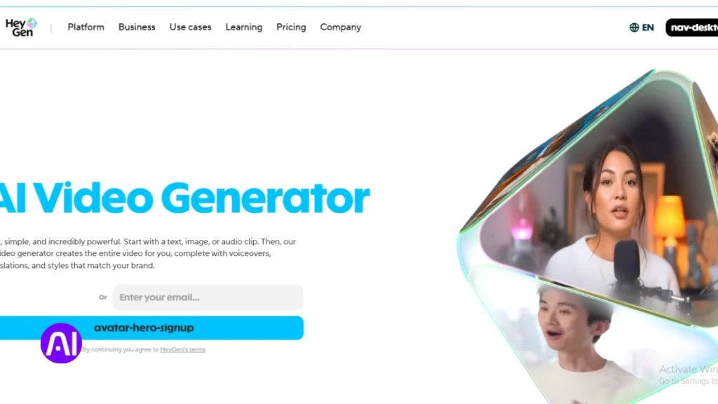 A screenshot of the HeyGen AI Video Generator homepage. The design is modern and airy, featuring floating 3D geometric shapes that contain video clips of diverse AI avatars speaking. A signup box is prominently displayed on the left.