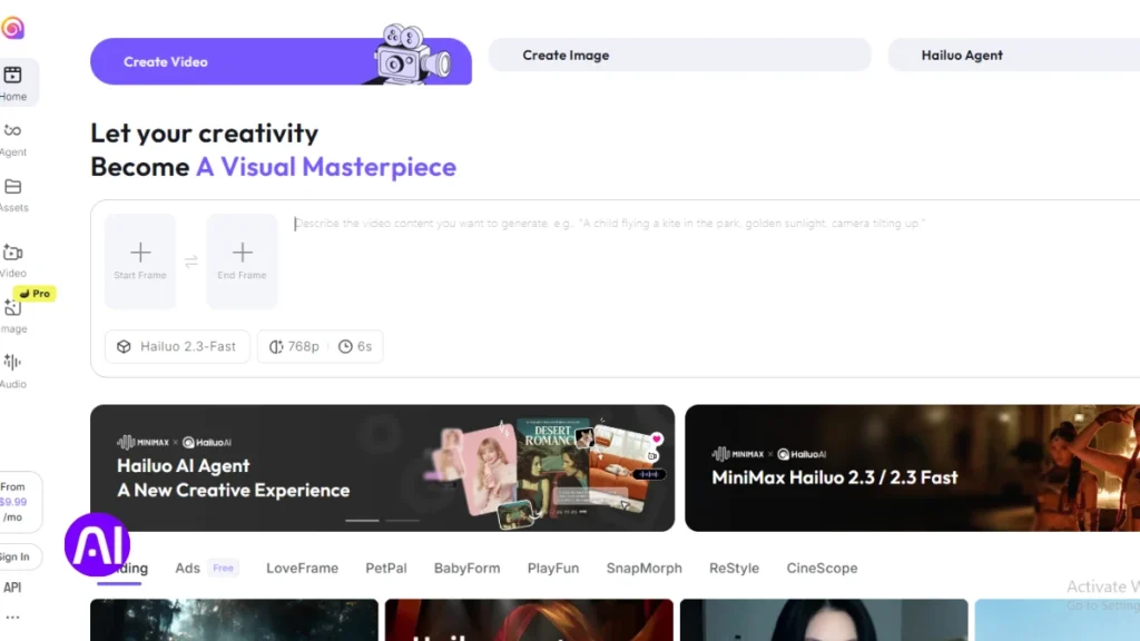 A screenshot of the Hailuo AI platform interface. The headline reads "Let your creativity Become A Visual Masterpiece." The dashboard features a prompt box for video descriptions and a "Start Frame" to "End Frame" transition tool.